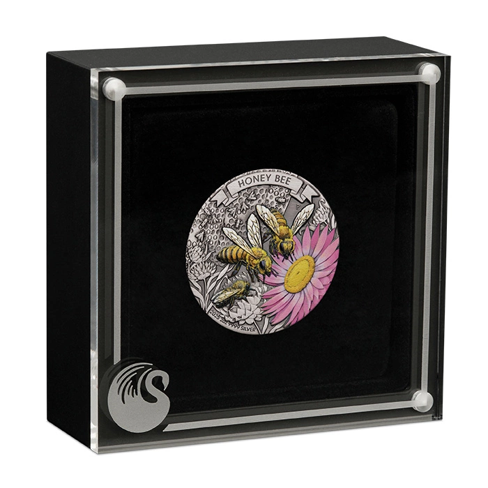 Australia: Honey Bee kolorowany 2 uncje Srebra 2025 Antiqued Coin