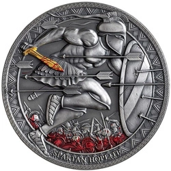 Cameroon: Legendary Warriors - Spartan Hoplite kolorowany, pozłacany 3 uncje Srebra 2019 High Relief Antiqued Coin