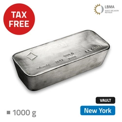 Srebro Inwestycyjne 1000 gramów Mennica Akredytowana przechowywane w bezcłowym magazynie w Nowym Jorku (Loomis) 