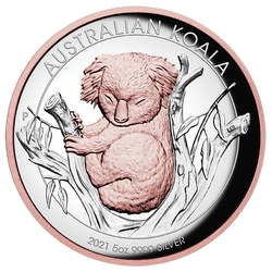 Australijska Koala 5 uncji Srebra 2021 Proof High Relief Pozłacana