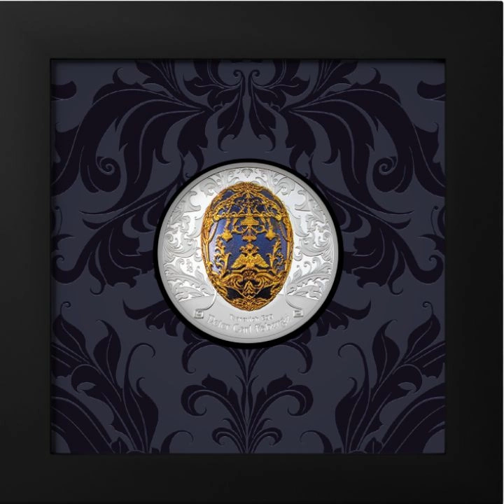 Mongolia: Peter Carl Fabergé – Tsarevich Egg kolorowany 2 uncje Srebra 2023 Proof High Relief