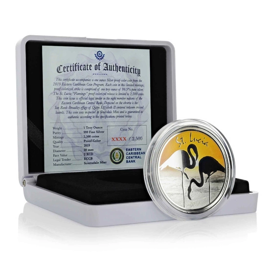 St. Lucia: Flamingo kolorowany 1 oz Silver 2019 Proof