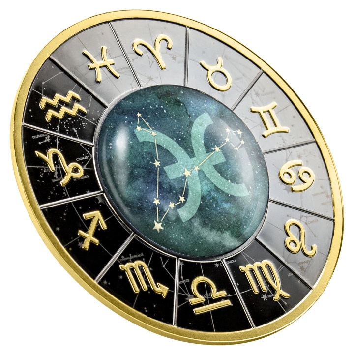Cameroon: Znaki Zodiaku - Ryby kolorowane, pozłacane Srebro 2023 Black Proof