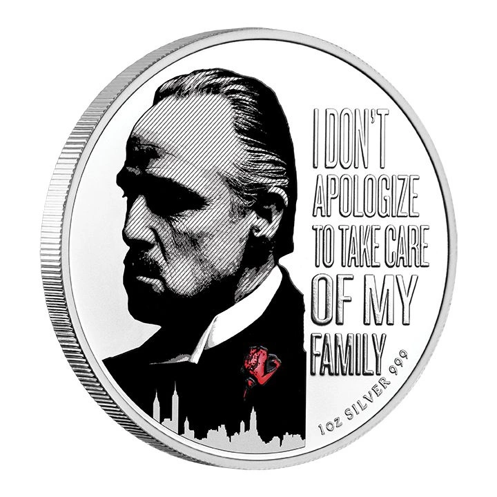 Niue: The Godfather "Red Rose" kolorowany 50. rocznica filmu 1 uncja Srebra 2022 Enameled Coin "I DON'T APOLOGIZE TO TAKE CARE OF MY FAMILY"