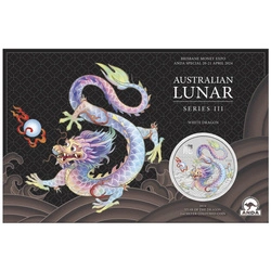 Perth Mint: Lunar III - Rok Smoka "Biały Smok" kolorowany 1 uncja Srebra 2024 (Brisbane Money Expo Anda Special)