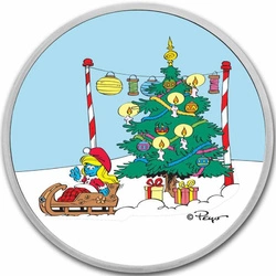 Niue: Smurfette Christmas kolorowany 1 uncja Srebra 2023 Slab