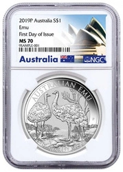 Australijski Emu 1 uncja Srebra 2019 MS 70 NGC First Day of Issue