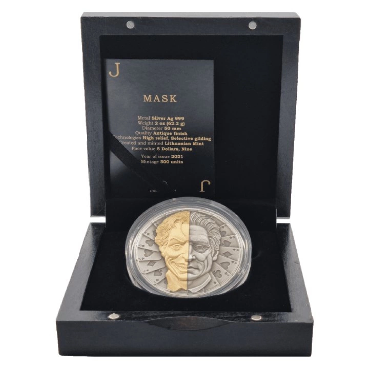 Niue: Mask pozłacana $5 Srebro 2021 High Relief Antiqued Coin