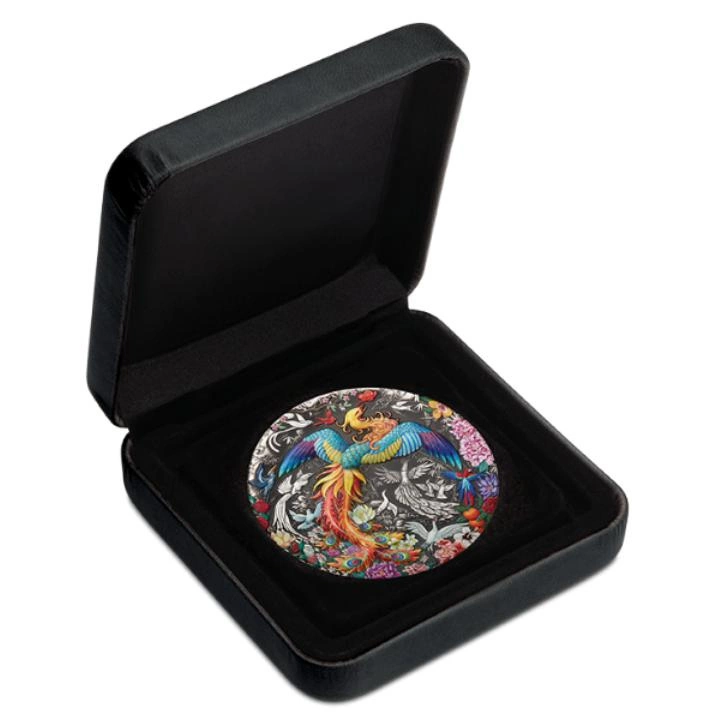 Tuvalu: Phoenix and Birds kolorowany 5 uncji Srebra 2023 Antiqued Coin