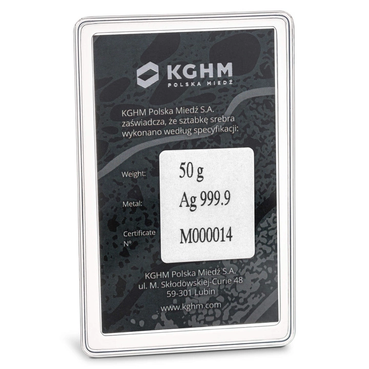 Sztabka KGHM 50 gramów Srebra