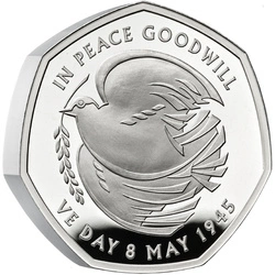 The 80th Anniversary of VE Day 50p Srebro 2025 Proof Piedfort 