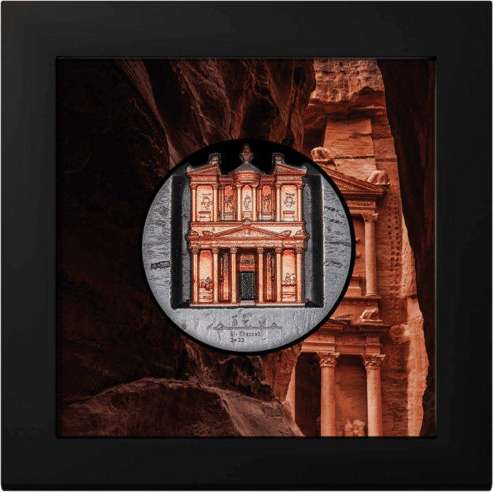 Cook Islands: Petra Al-Khazneh kolorowany 5 uncji Srebra 2025 Antiqued High Relief