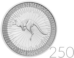 Australijski Kangur 1 uncja Srebra PAKIET 250 SZTUK 2021