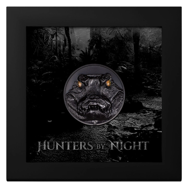 Palau: Hunters by Night - Caiman kolorowany 2 uncje Srebra 2023 Obsidian Black Ultra High Relief