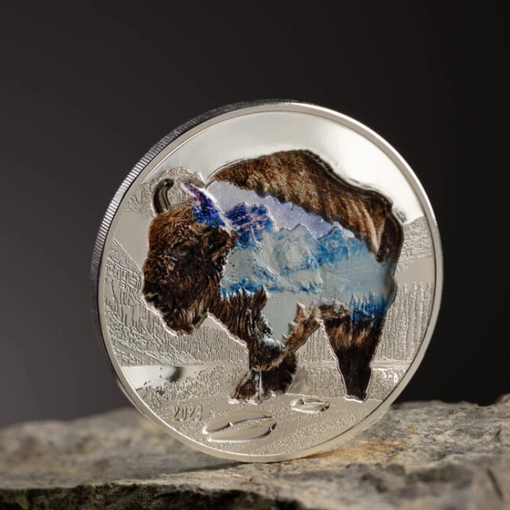 Mongolia: Into the Wild - Bison kolorowany 2 uncje Srebra 2023 Proof Ultra High Relief