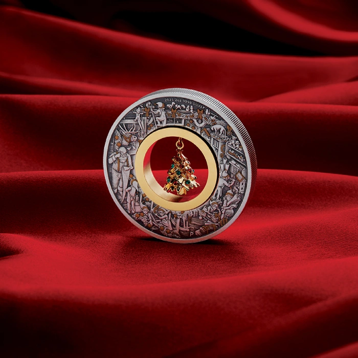 Australia: Santa’s Workshop pozłacany 2 uncje Srebra 2025 Antiqued Coin
