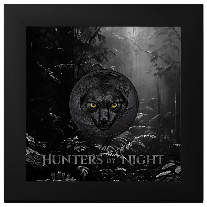 Palau: Hunters by Night - Ocelot kolorowany 2 uncje Srebra 2024 Obsidian Black