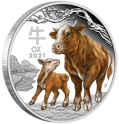 Lunar III: Rok Bawoła 1 uncja Srebra 2021 Proof Kolorowany