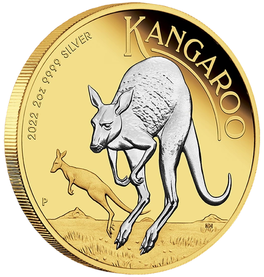 Australijski Kangur pozłacany 2 uncje Srebra 2022