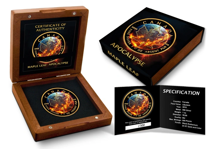 Kanadyjski Liść Klonowy Apocalypse pozłacany 1 uncja Srebra 2016 Black Ruthenium