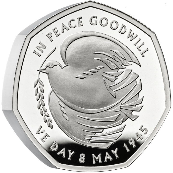 The 80th Anniversary of VE Day 50p Srebro 2025 Proof Piedfort