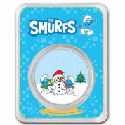 Niue: Smurfs and Snowman kolorowany 1 uncja Srebra 2023 Slab