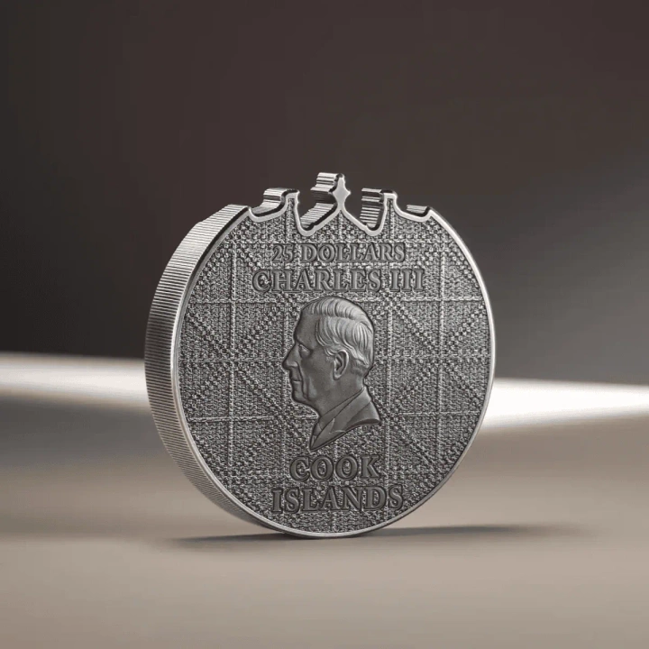 Cook Islands: Petra Al-Khazneh kolorowany 5 uncji Srebra 2025 Antiqued High Relief