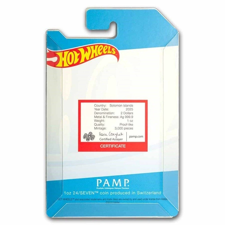 Wyspy Salomona: Hot Wheels 24/Seven kolorowana 1 uncja Srebra 2025 Proof Shaped Coin