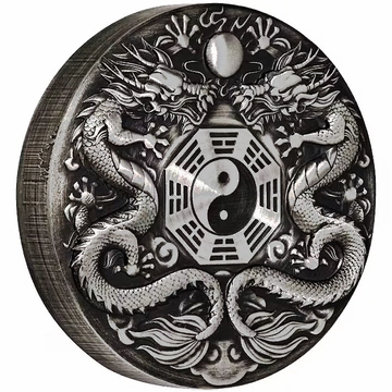 Tuvalu: Double Dragon kolorowany 2 uncje Srebra 2019 Antiqued Coin