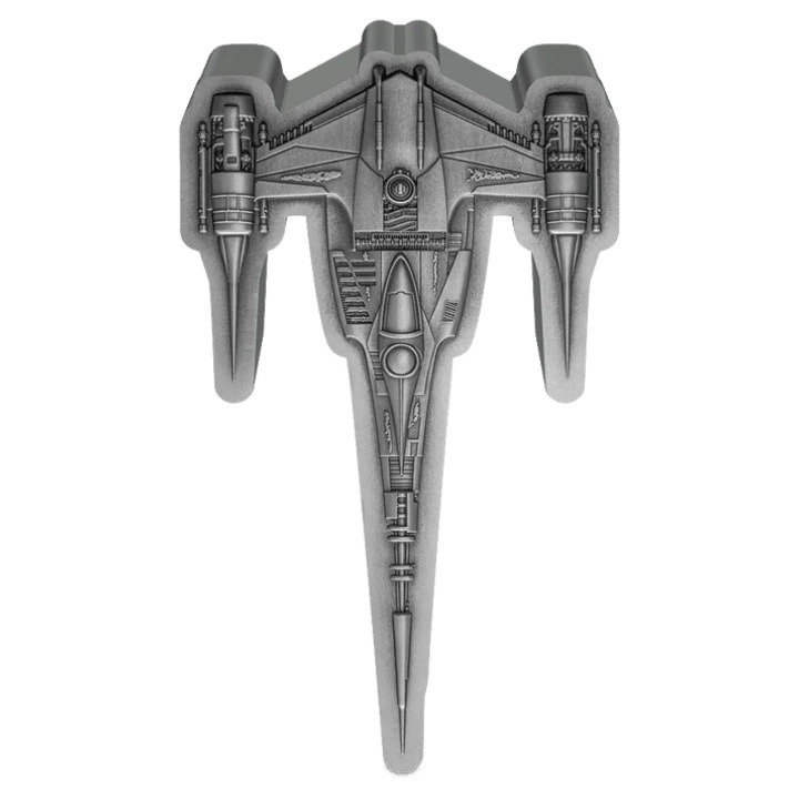 Niue: Star Wars The Mandalorian - The Mandalorian's N-1 Starfighter 3 uncje Srebra 2023 Antiqued Shaped Coin