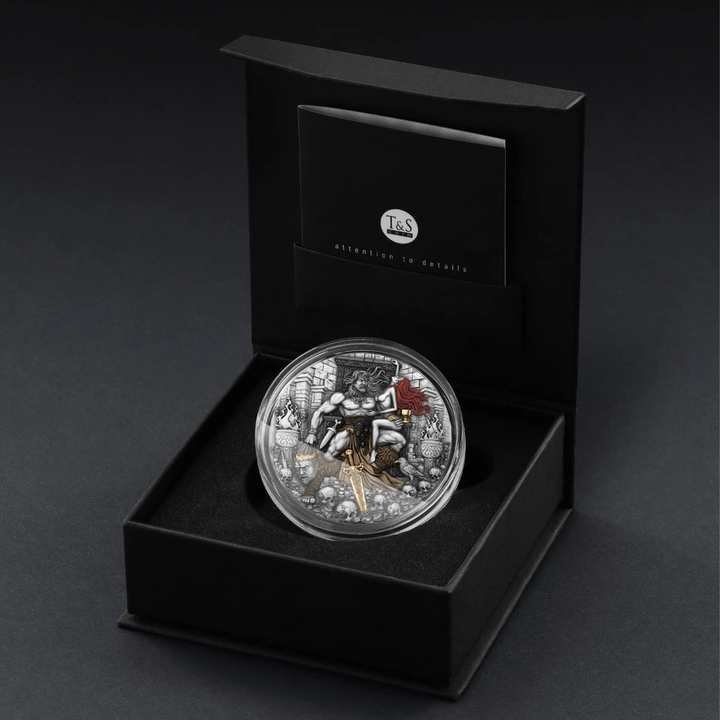 Cameroon: Barbarian King pozłacany 2 uncje Srebra 2025 Antiqued Coin