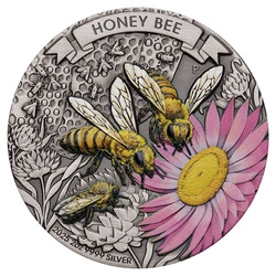 Australia: Honey Bee kolorowany 2 uncje Srebra 2025 Antiqued Coin