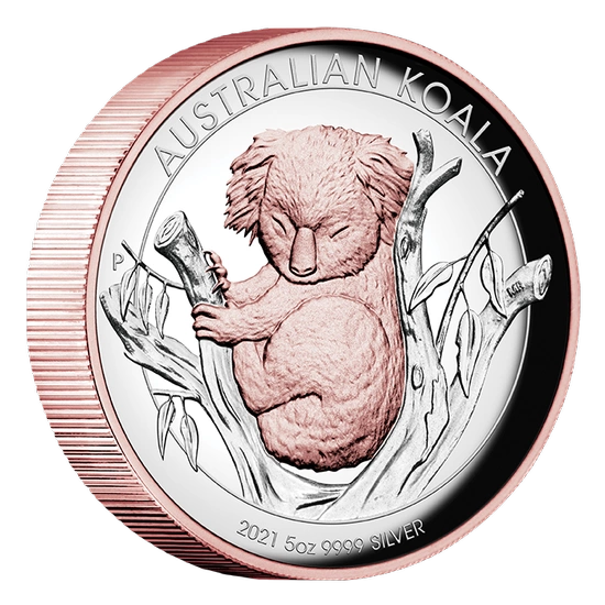 Australijska Koala 5 uncji Srebra 2021 Proof High Relief Pozłacana