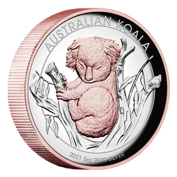 Australijska Koala 5 uncji Srebra 2021 Proof High Relief Pozłacana