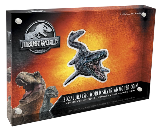 Niue: Jurassic World - Mosasaurus kolorowany 2 uncje Srebra 2022 Antiqued Coin