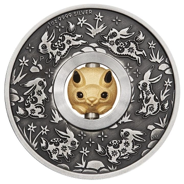 Tuvalu: Lunar III - Rok Królika 1 uncja Srebra 2023 Rotating Charm Antiqued Coin