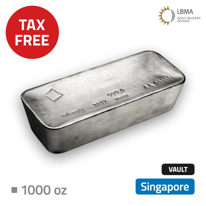 Srebro Inwestycyjne 1000 uncji Mennica Akredytowana przechowywane w bezcłowym magazynie w Singapurze (Malca-Amit)