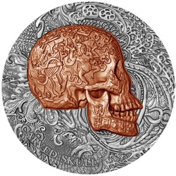 Cameroon: Carved Skull Bones 1 uncja Srebra 2017 Antiqued Coin (bez opakowania)