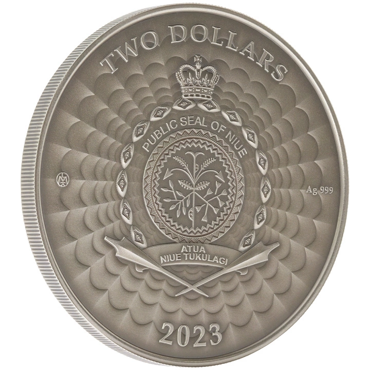 Niue: World of Cryptids - Dragon $2 kolorowany Srebro 2023 High Relief Antiqued Coin