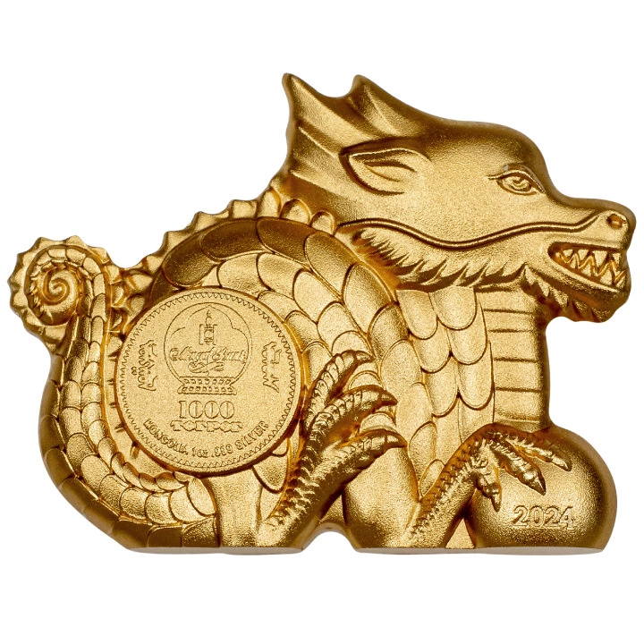 Mongolia: Great Dragon pozłacany 1 uncja Srebra 2024 Silk Ultra High Relief