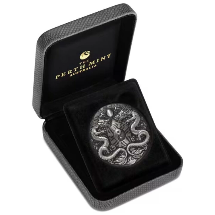 Tuvalu: Double Dragon kolorowany 2 uncje Srebra 2019 Antiqued Coin