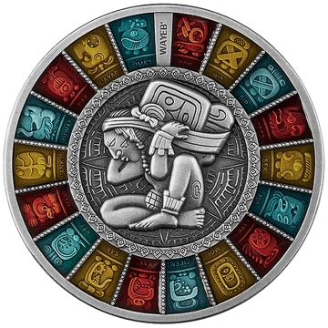 Niue: Kalendarz Haab kolorowany $2 Srebro 2023 High Relief Antiqued Coin