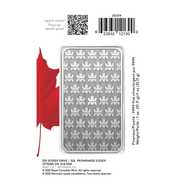 Sztabka Royal Canadian Mint In Proudly Canadian Packaging 1 uncja Srebra 2025 Maple Leaf Privy Mark