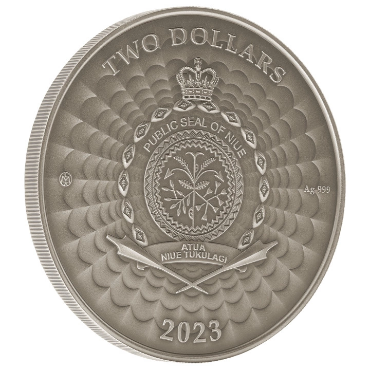 Niue: World of Cryptids - Bunyip $2 kolorowany Srebro 2023 High Relief Antiqued Coin