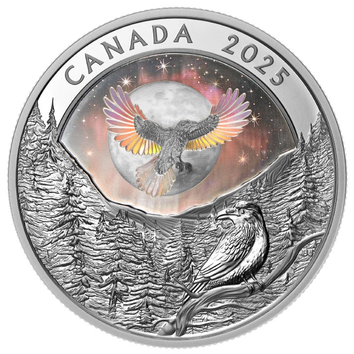 Canada: Moon Sky - Raven kolorowany $20 Srebro 2025 Proof Hologram
