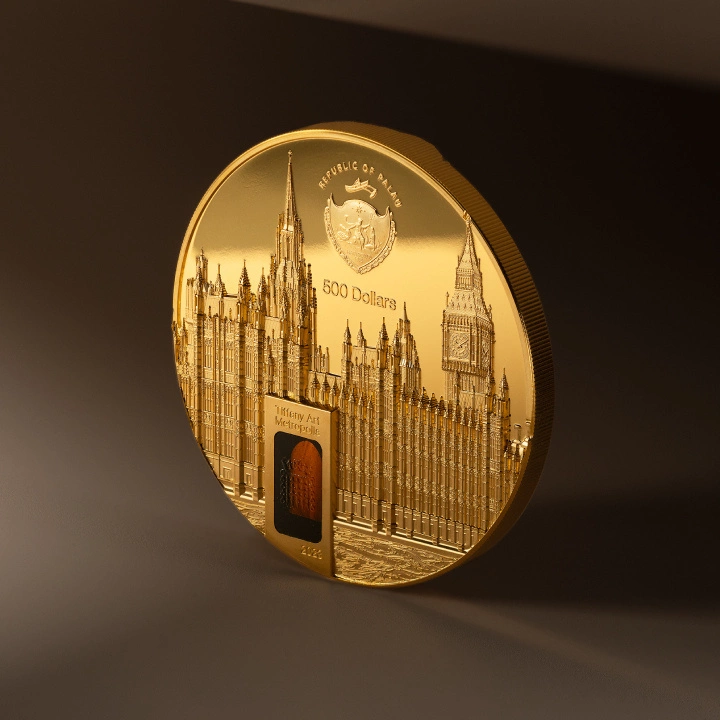 Palau: Tiffany Art Metropolis - Palace of Westminster kolorowany 5 uncji 2023 Proof Ultra High Relief