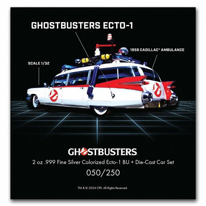 Niue: Ghostbusters - Ecto-1 kolorowany 2 uncje Srebra 2024 + Die Cast Car
