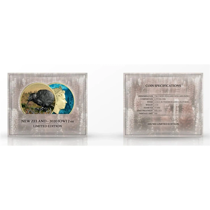 Kiwi pozłacany/ruten 2 uncje Srebra 2020 Limited Edition Proof High Relief