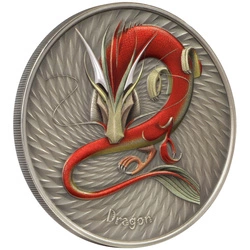 Niue: World of Cryptids - Dragon $2 kolorowany Srebro 2023 High Relief Antiqued Coin