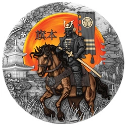 Niue: Hatamoto kolorowany/pozłacany 2 uncje Srebra 2025 Antiqued Coin